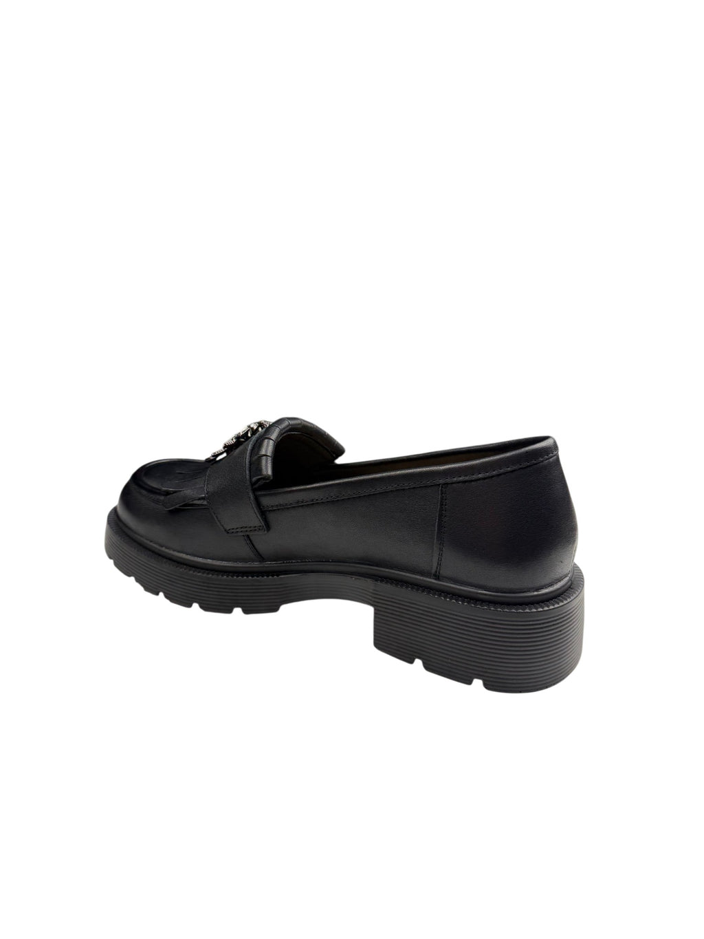 Pantofi casual damă negri din piele naturală cu franjuri și broșă albinuță