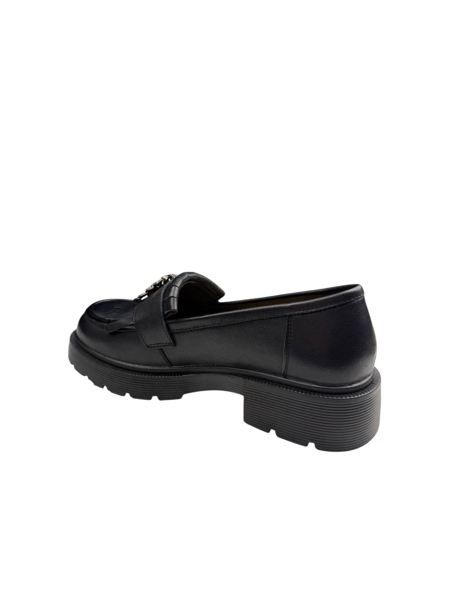 Pantofi casual damă negri din piele naturală cu franjuri și broșă albinuță