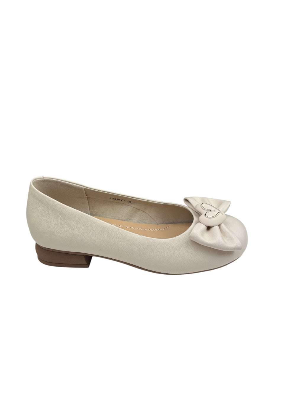Balerini casual damă bej din piele naturală cu fundă și inimă decorativă