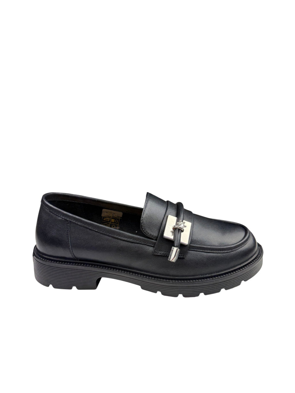 Pantofi casual damă negri din piele naturală cu plăcuță metalică