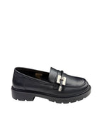 Pantofi casual damă negri din piele naturală cu plăcuță metalică