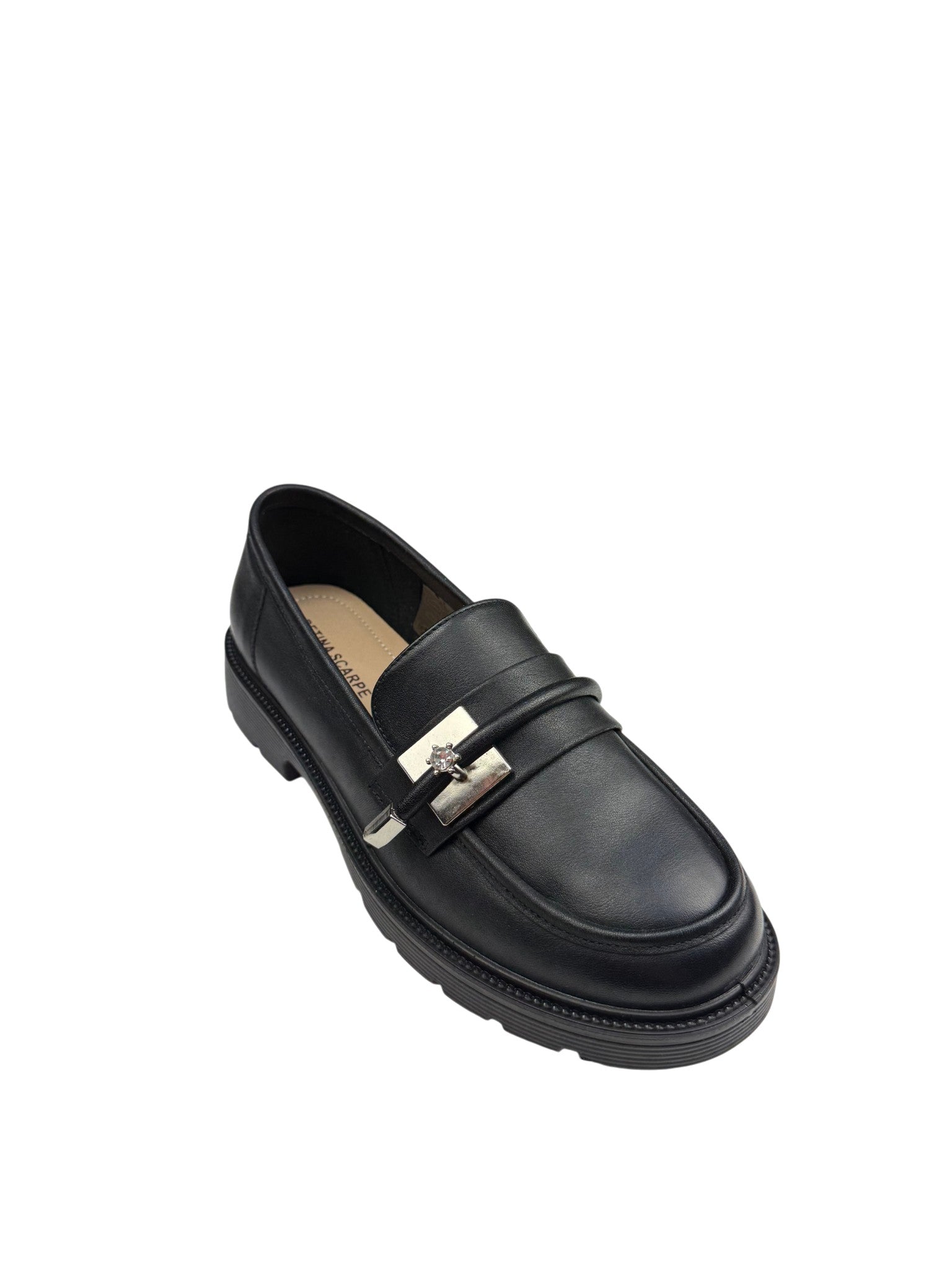 Pantofi casual damă negri din piele naturală cu plăcuță metalică