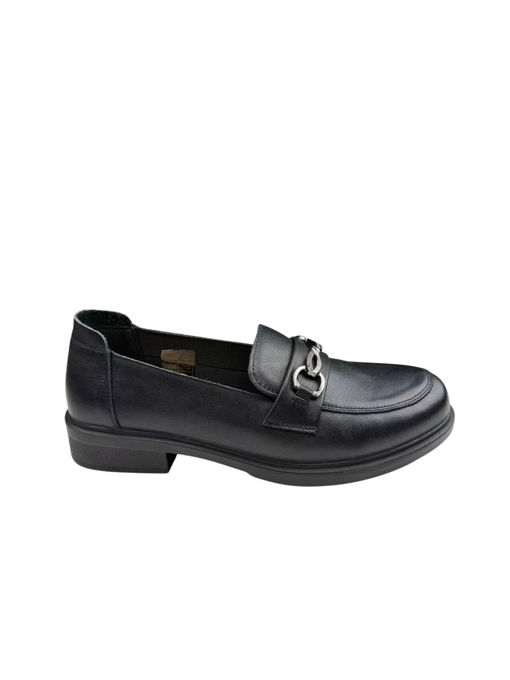 Pantofi casual damă negri din piele naturală cu lanț oval și cusături frontale