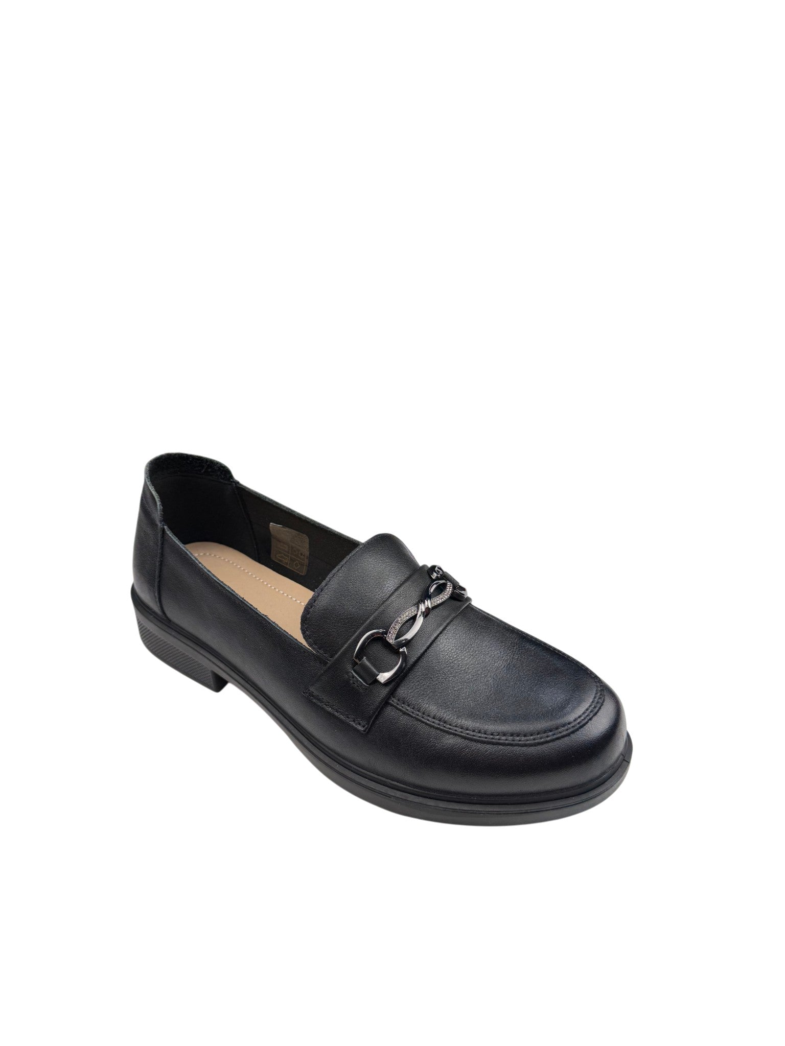 Pantofi casual damă negri din piele naturală cu lanț oval și cusături frontale