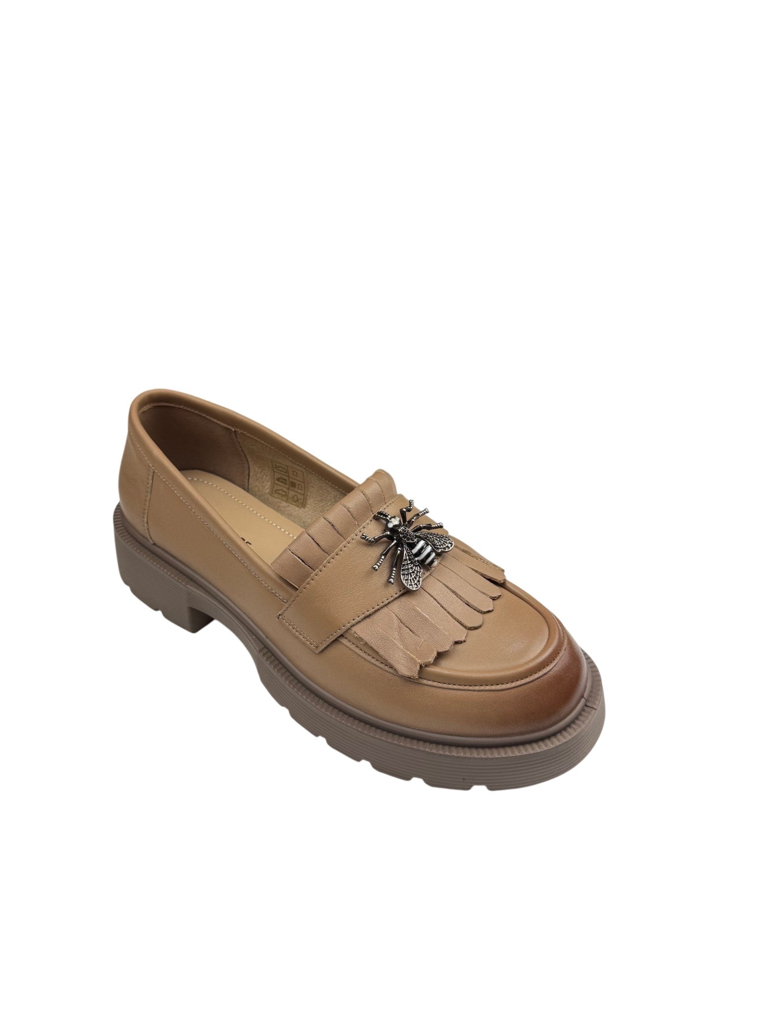 Pantofi casual damă bej din piele naturală cu franjuri și broșă albinuță