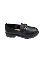 Pantofi casual damă negri din piele naturală cu lanț metalic și cusături decorative