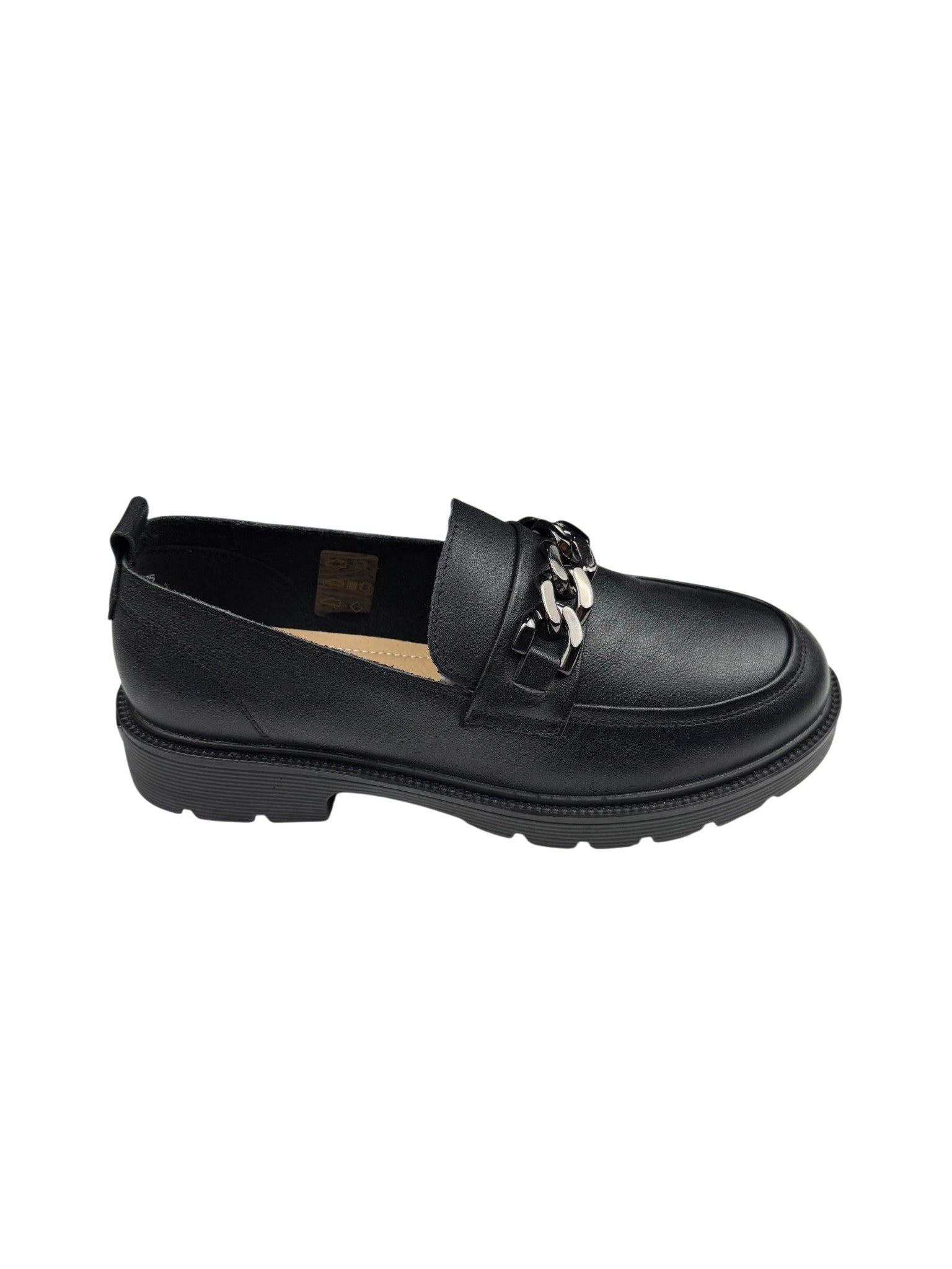 Pantofi casual damă negri din piele naturală cu lanț metalic și cusături decorative