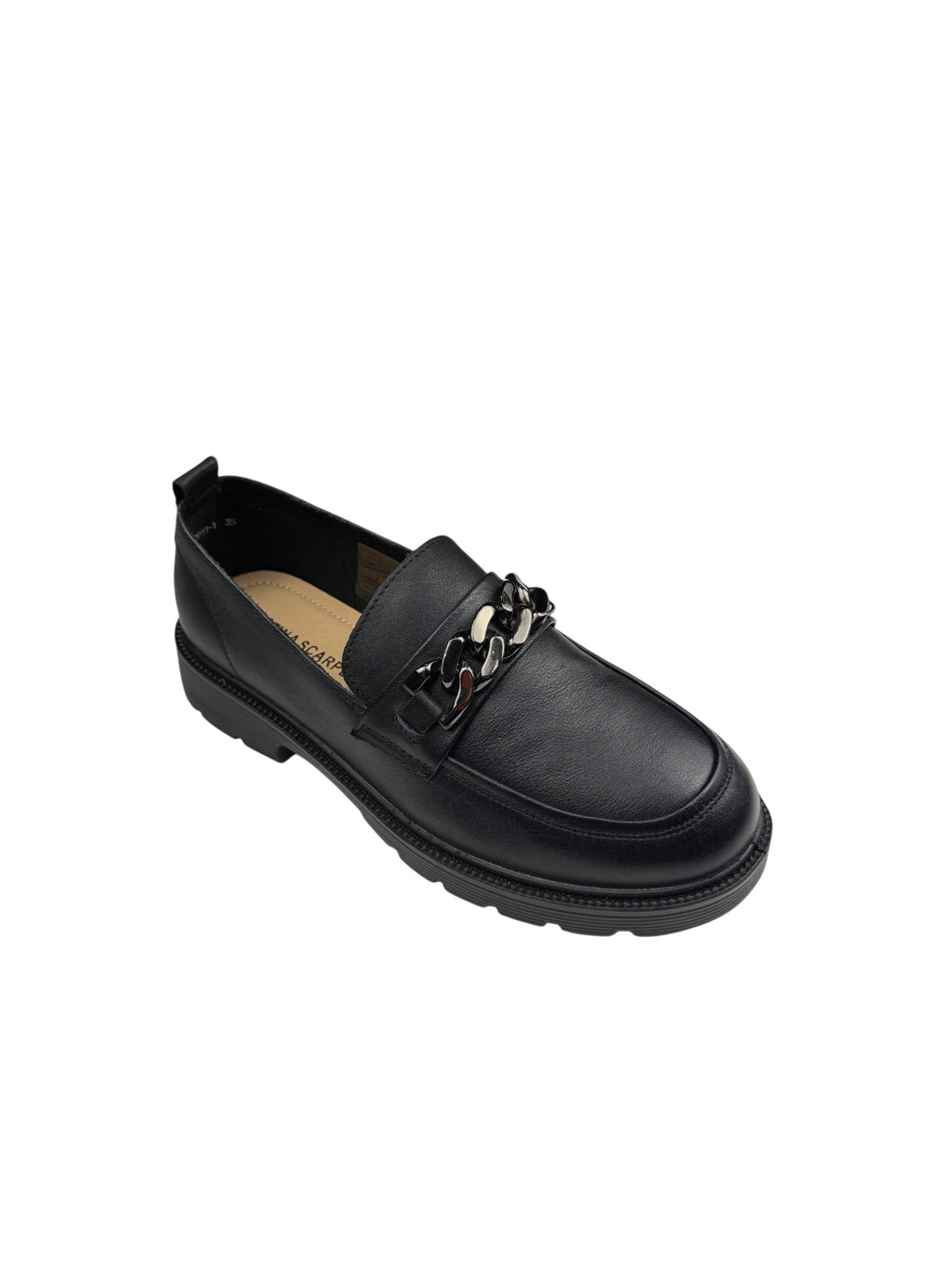 Pantofi casual damă negri din piele naturală cu lanț metalic și cusături decorative