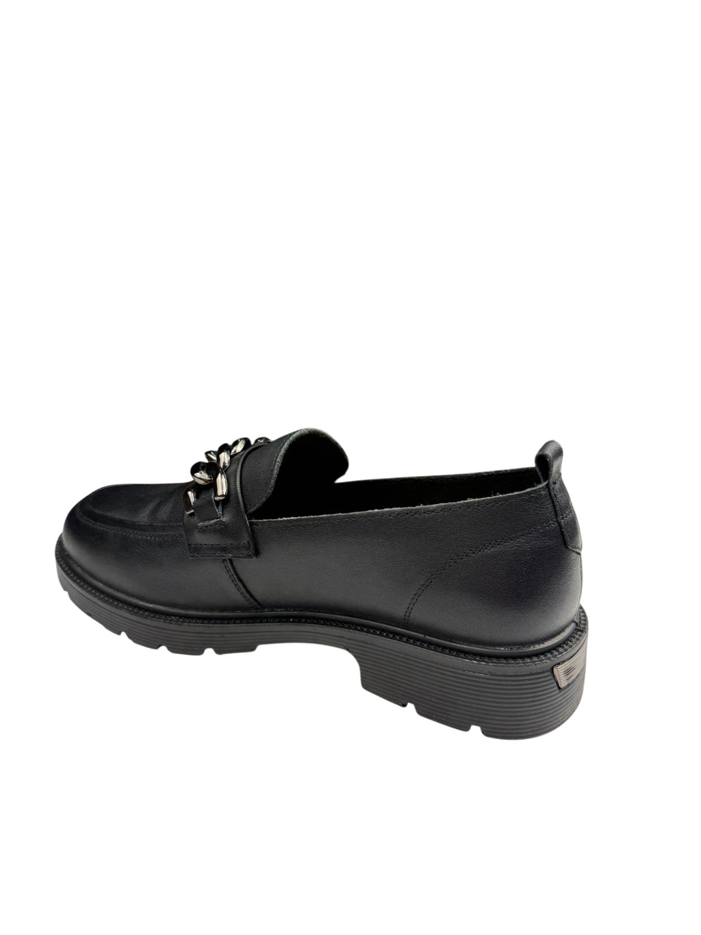 Pantofi casual damă negri din piele naturală cu lanț metalic și cusături decorative