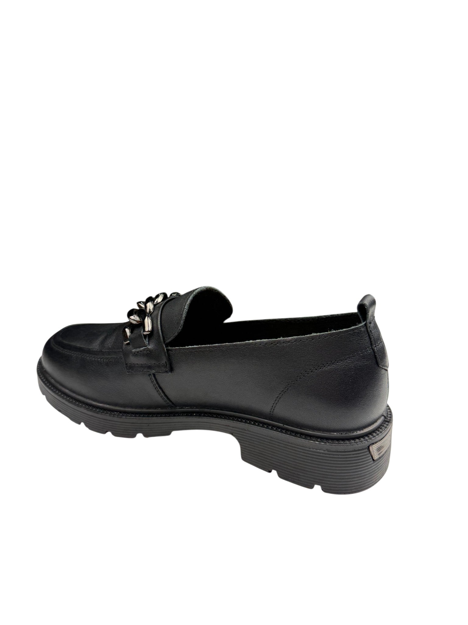 Pantofi casual damă negri din piele naturală cu lanț metalic și cusături decorative