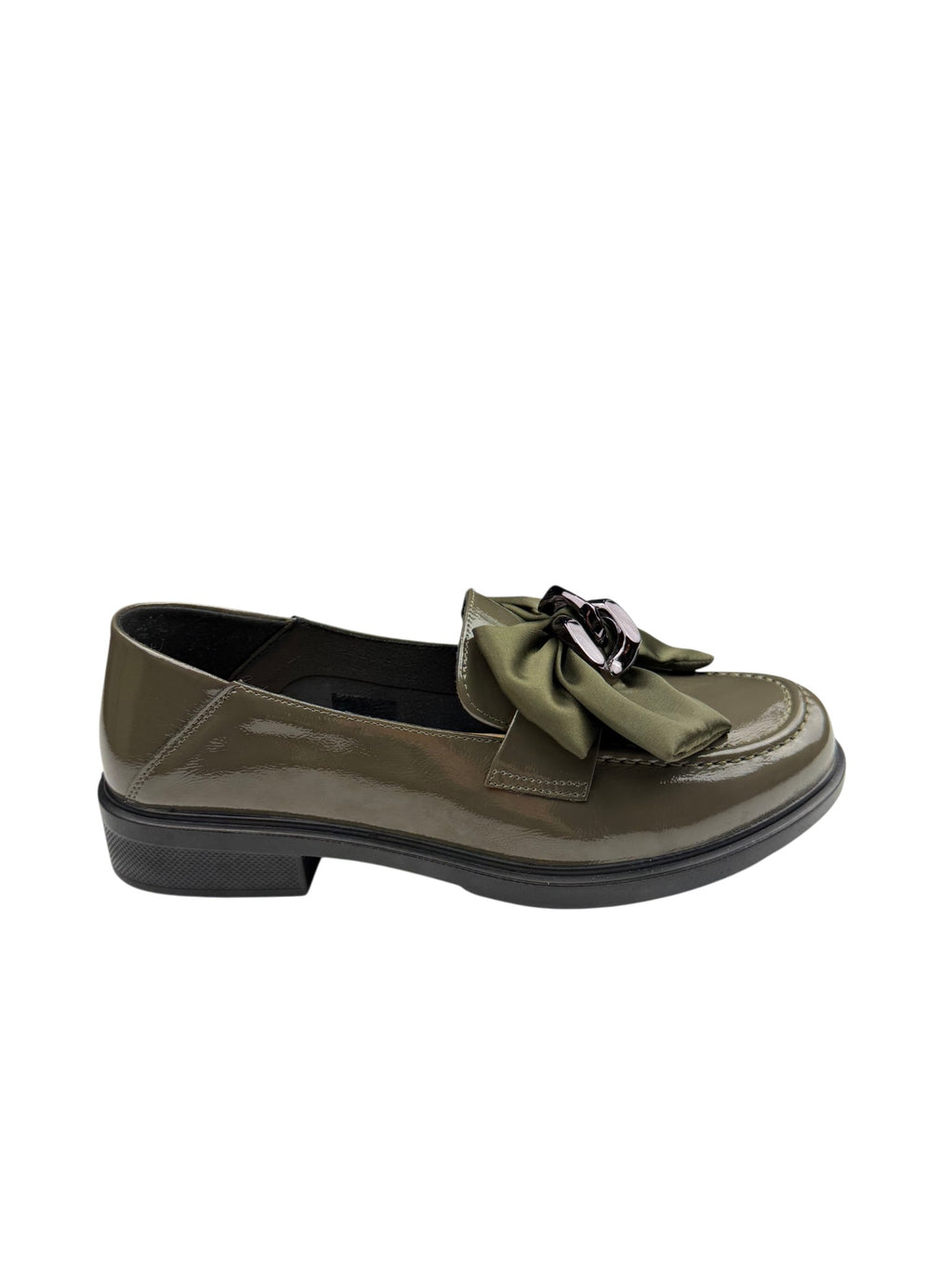 Pantofi casual damă kaki din piele naturală cu fundă și lanț decorativ