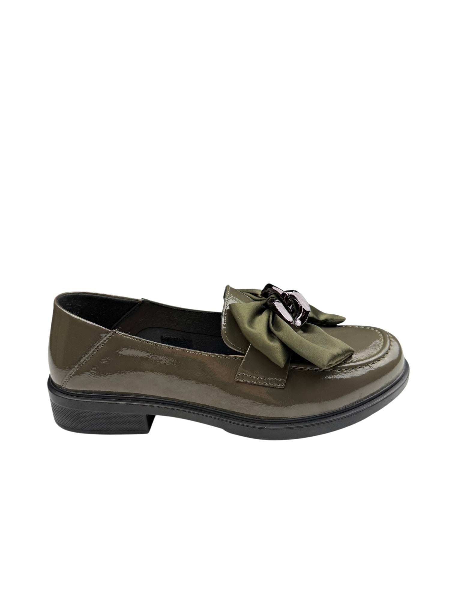 Pantofi casual damă kaki din piele naturală cu fundă și lanț decorativ