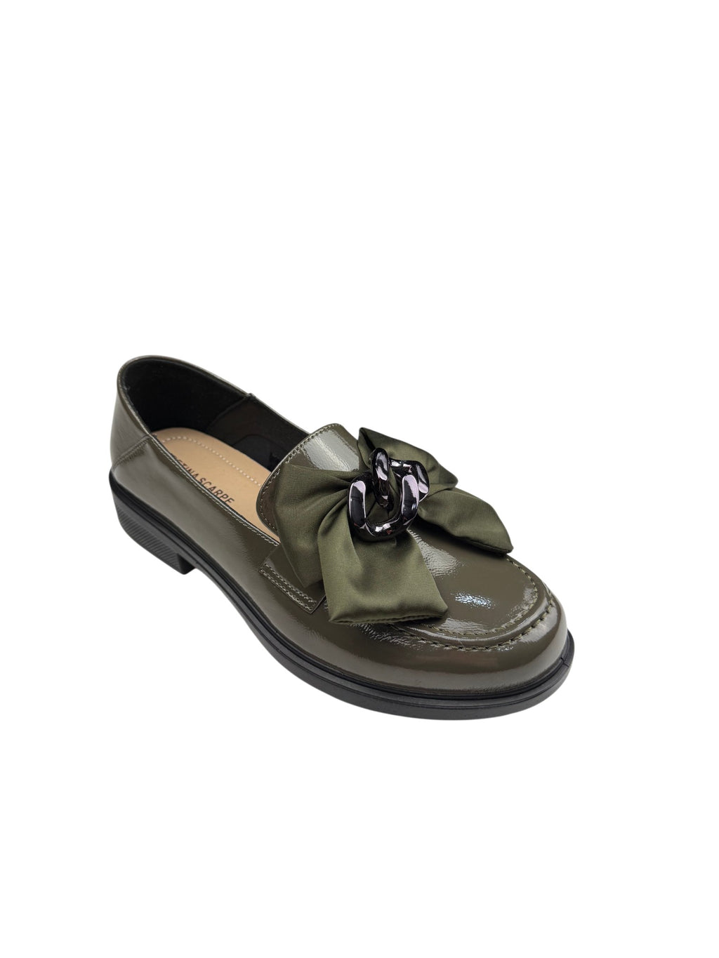 Pantofi casual damă kaki din piele naturală cu fundă și lanț decorativ