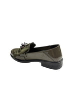 Pantofi casual damă kaki din piele naturală cu fundă și lanț decorativ