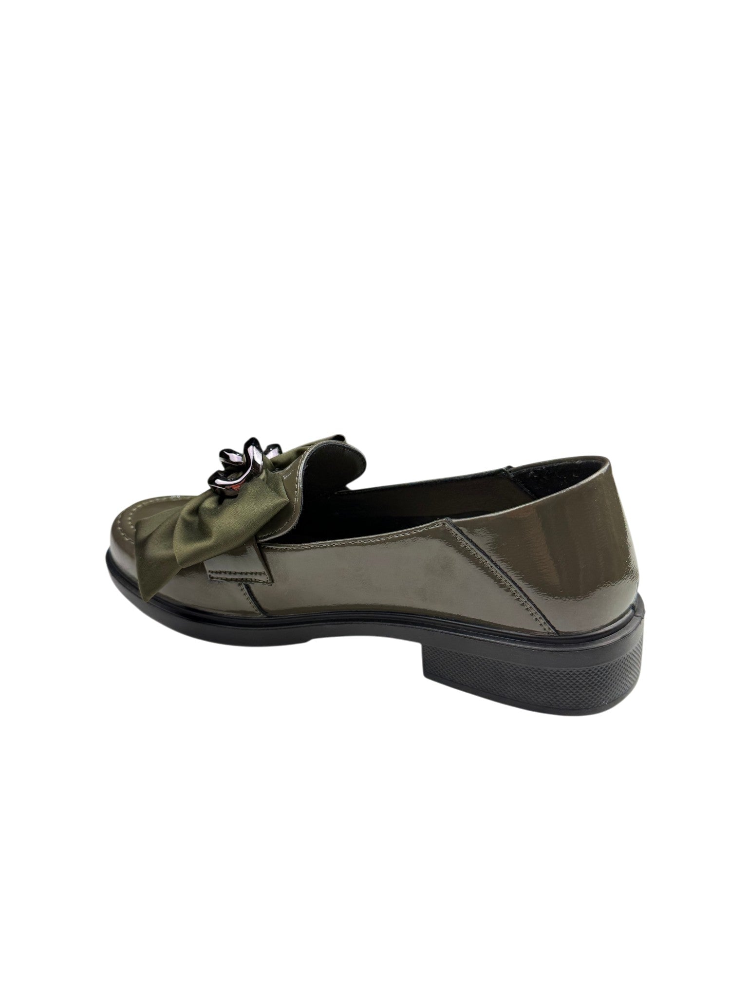 Pantofi casual damă kaki din piele naturală cu fundă și lanț decorativ
