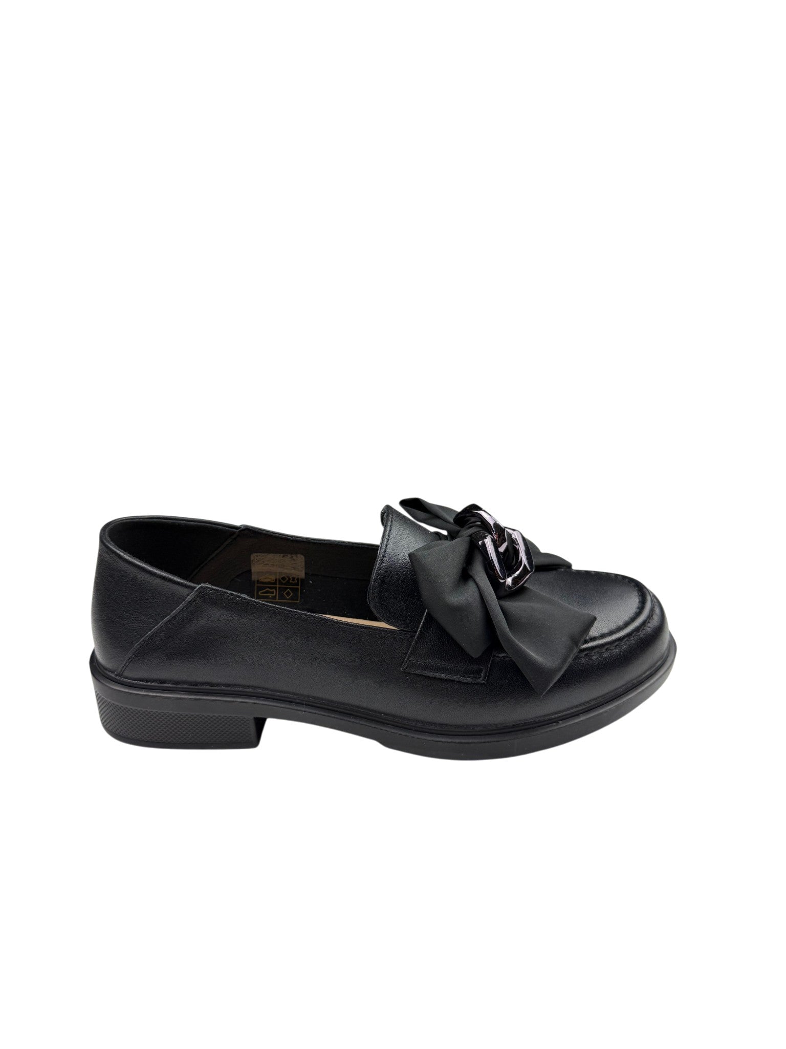 Pantofi casual damă negri din piele naturală cu fundă și lanț decorativ