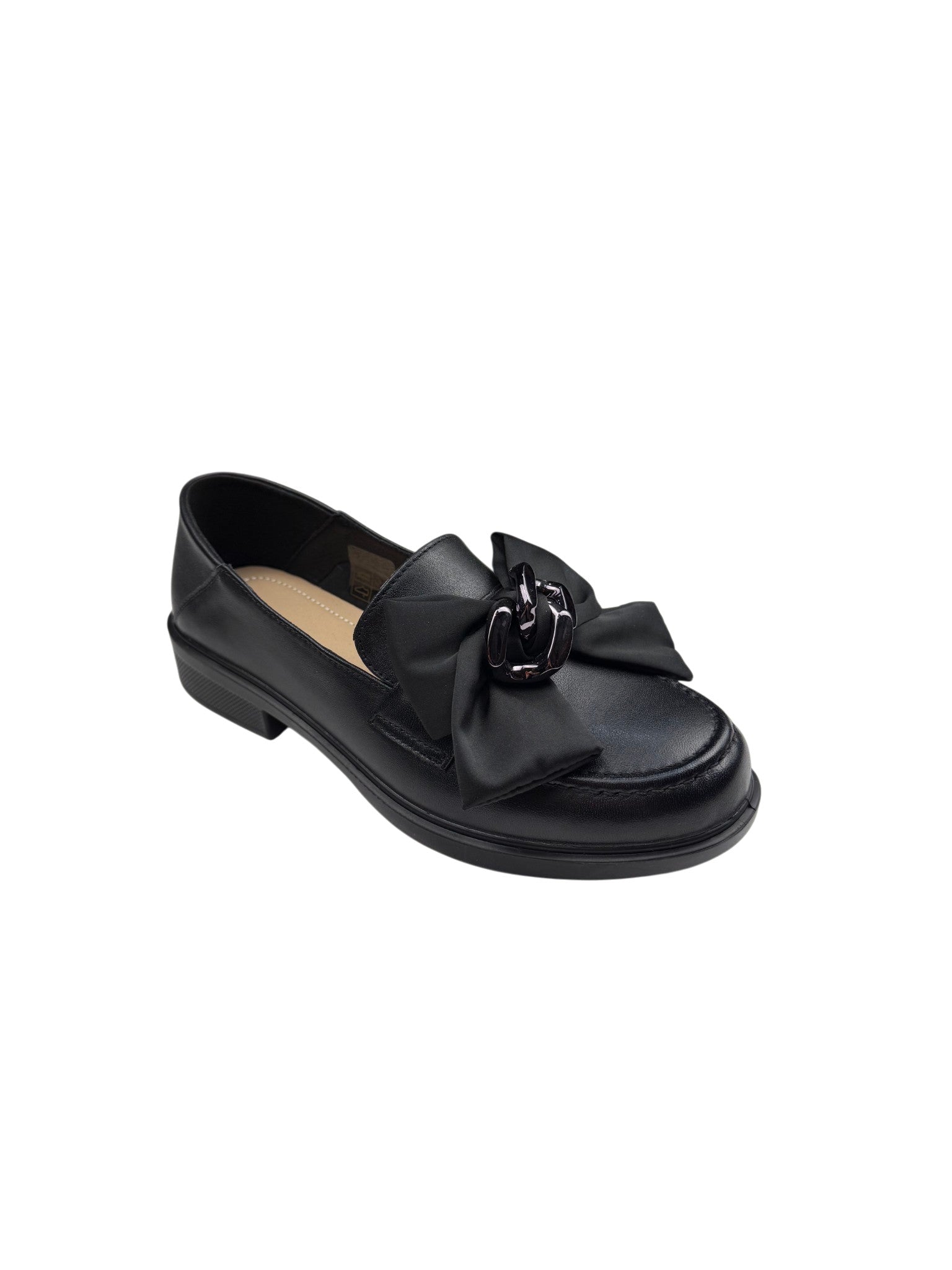 Pantofi casual damă negri din piele naturală cu fundă și lanț decorativ