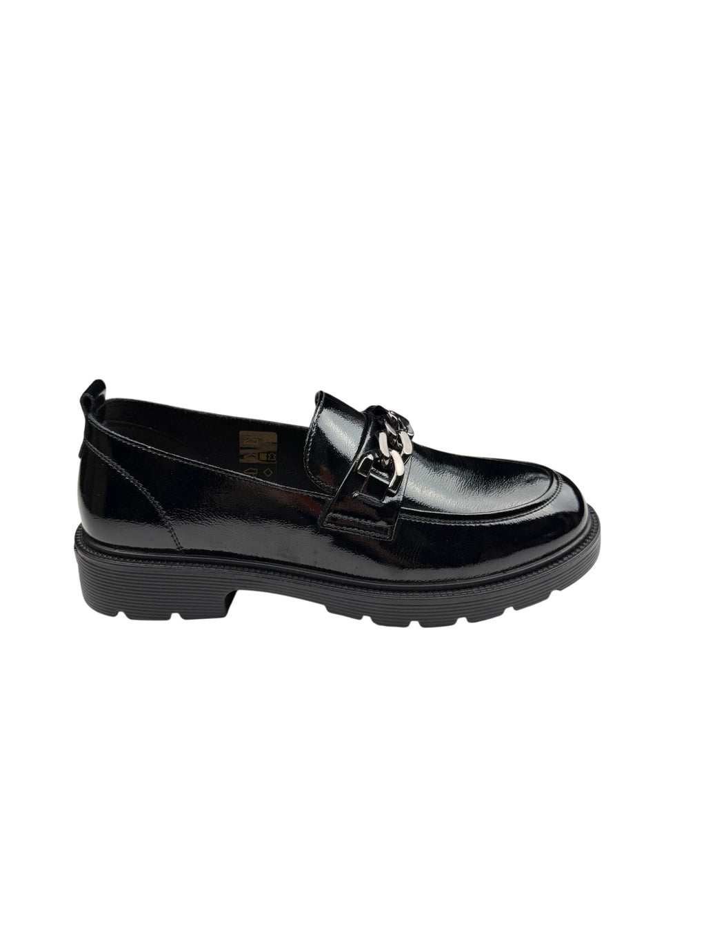 Pantofi casual damă negri lăcuiți din piele naturală cu lanț decorativ