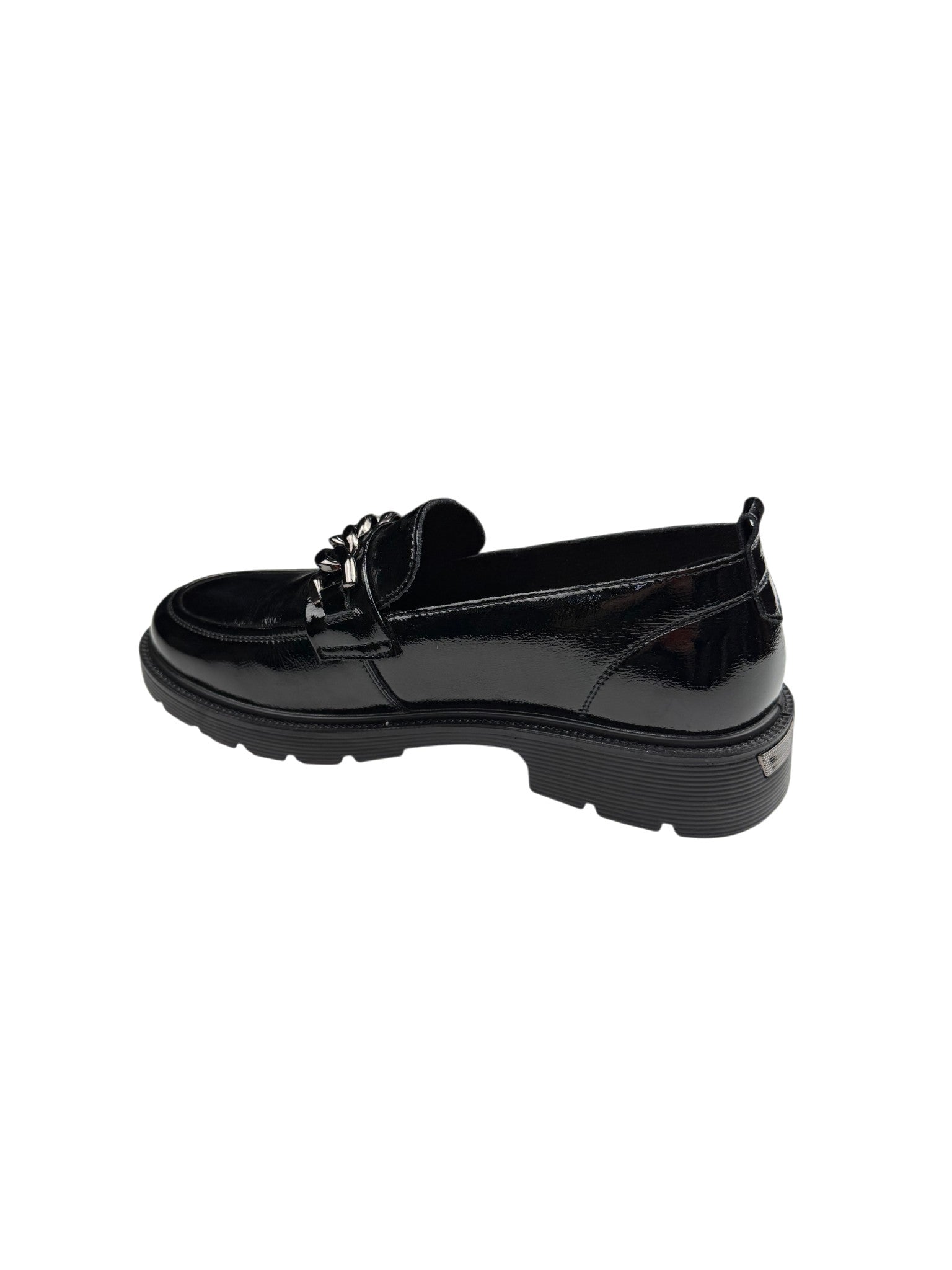 Pantofi casual damă negri lăcuiți din piele naturală cu lanț decorativ