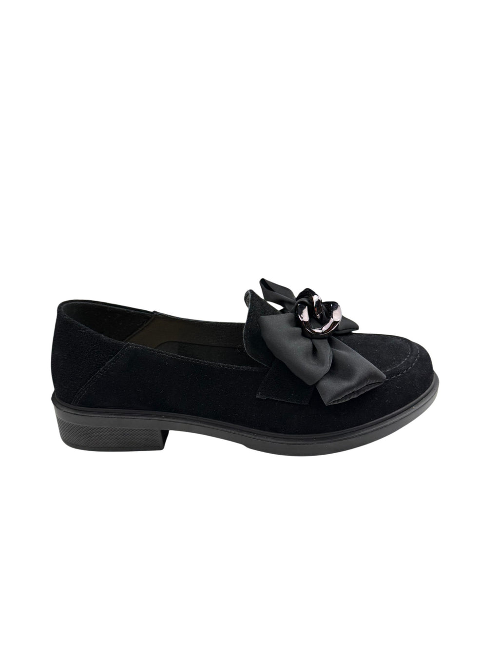 Pantofi casual damă negri din piele întoarsă cu fundă decorativă