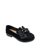 Pantofi casual damă negri din piele întoarsă cu fundă decorativă