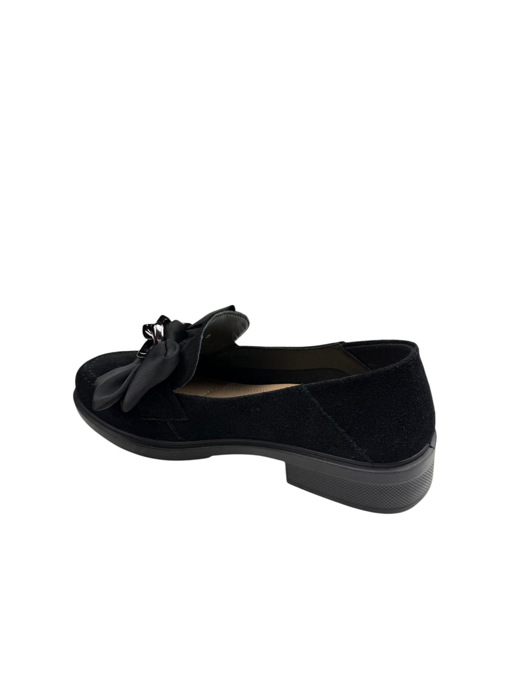 Pantofi casual damă negri din piele întoarsă cu fundă decorativă