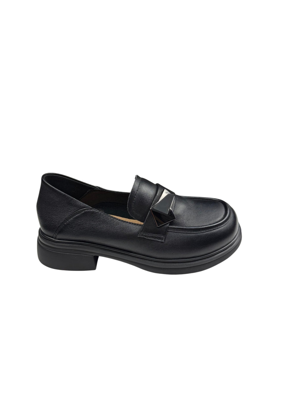 Pantofi casual damă negri din piele naturală cu talpă groasă și accesoriu geometric