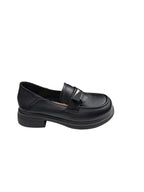 Pantofi casual damă negri din piele naturală cu talpă groasă și accesoriu geometric
