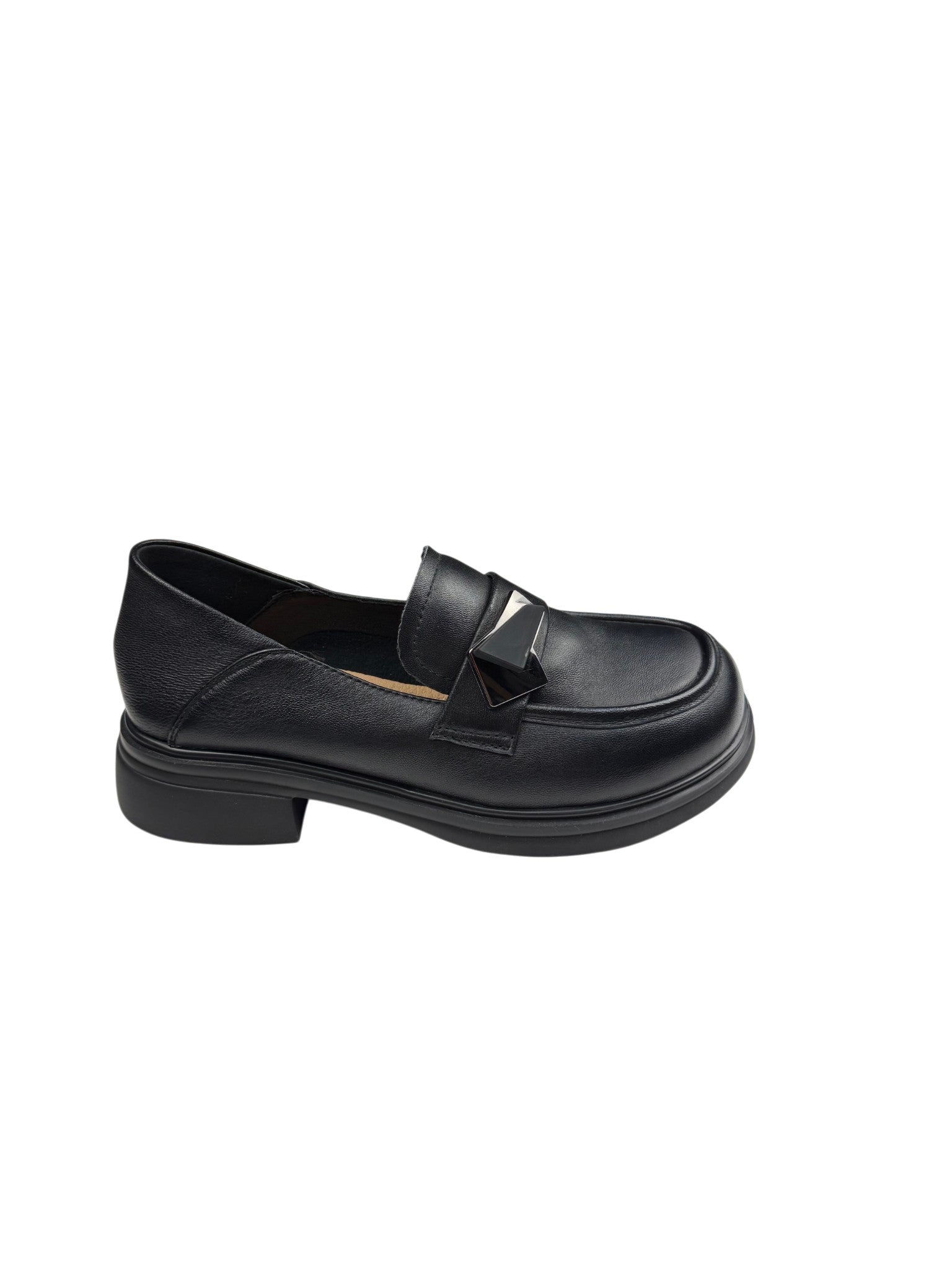 Pantofi casual damă negri din piele naturală cu talpă groasă și accesoriu geometric