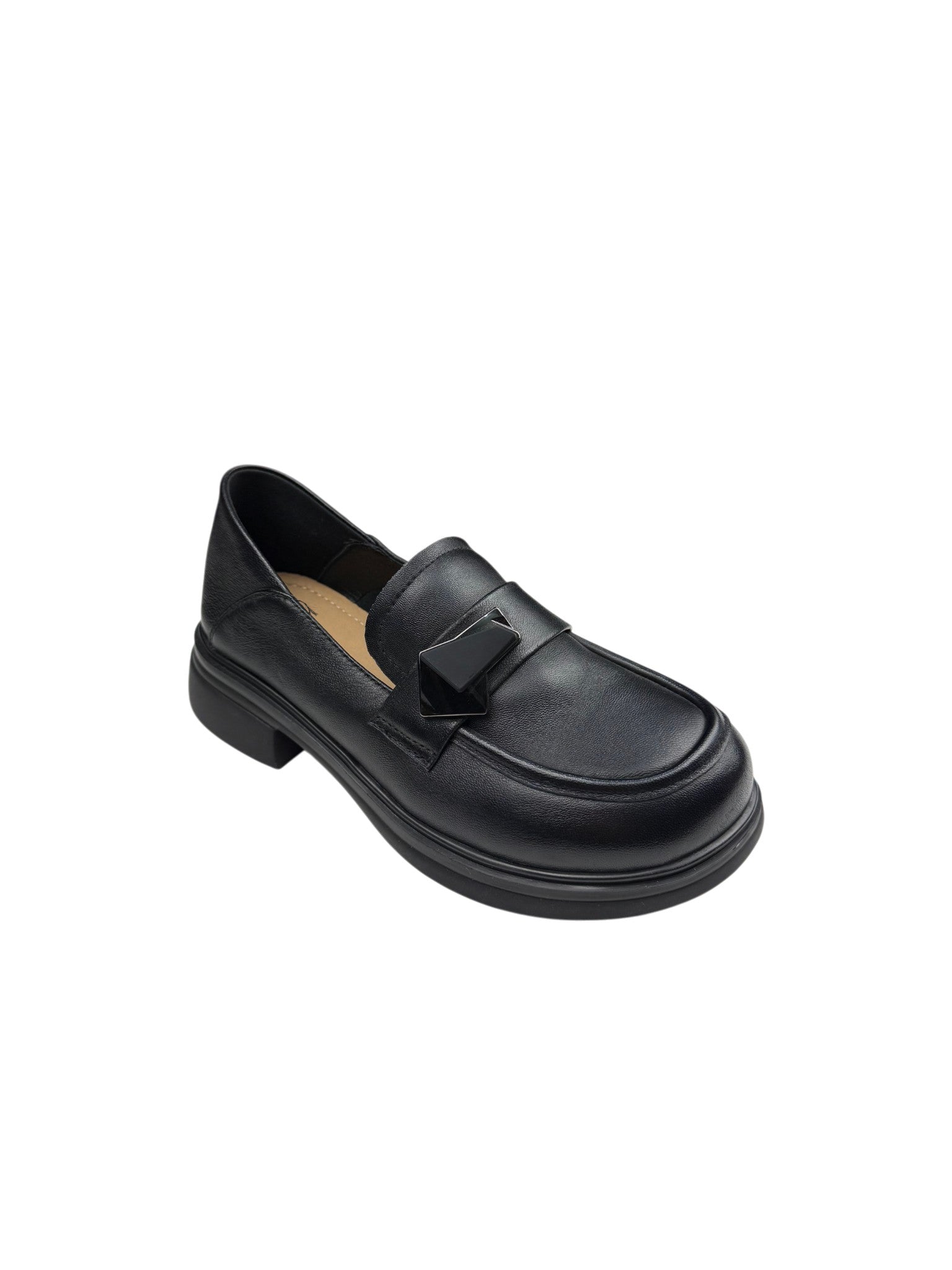 Pantofi casual damă negri din piele naturală cu talpă groasă și accesoriu geometric