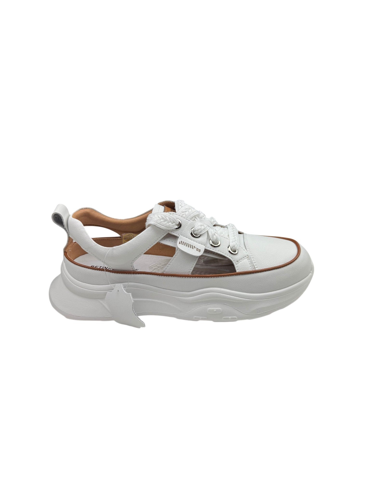 Pantofi sport damă albi din piele naturală cu talpă groasă și decupaje laterale
