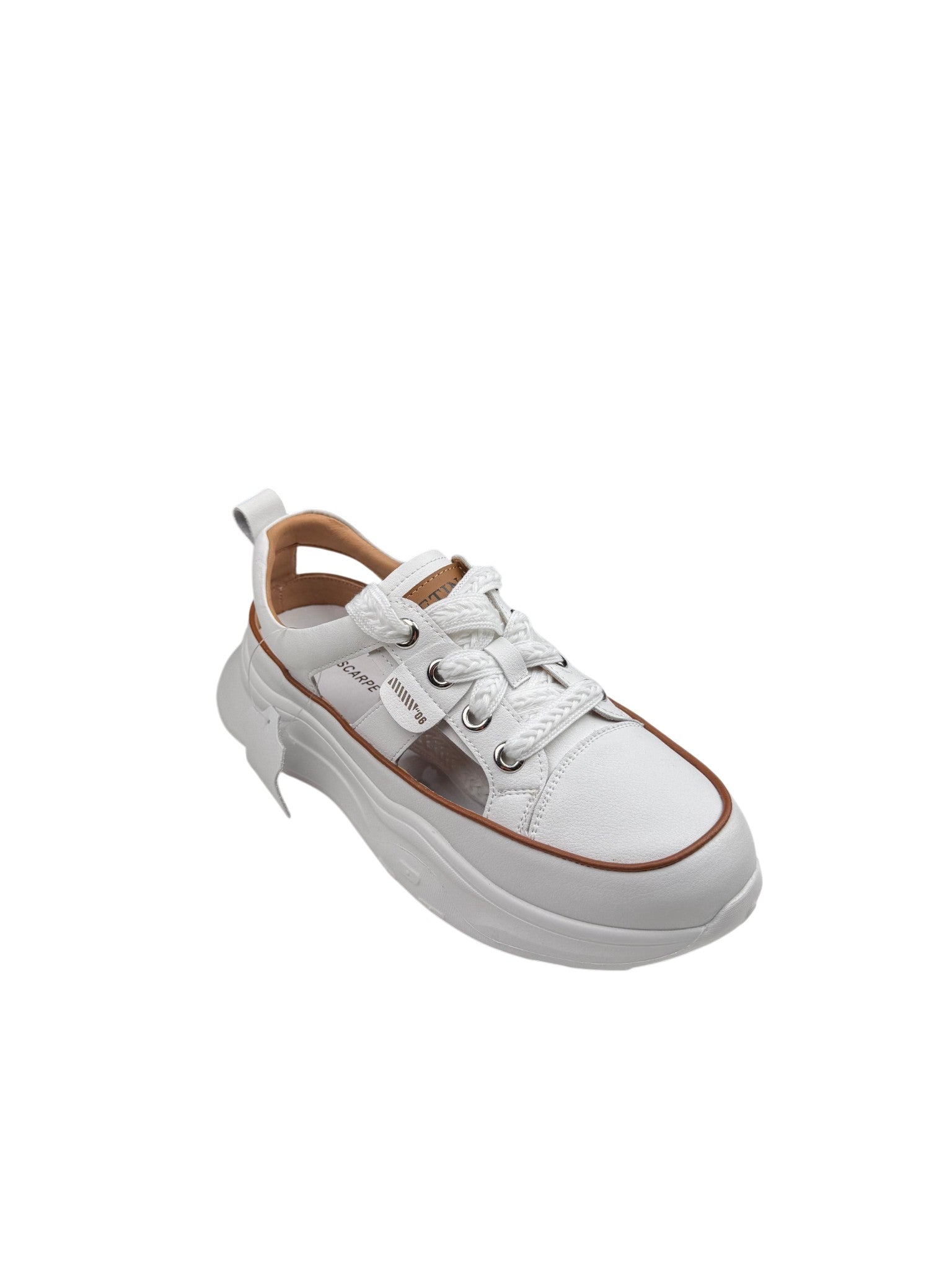 Pantofi sport damă albi din piele naturală cu talpă groasă și decupaje laterale