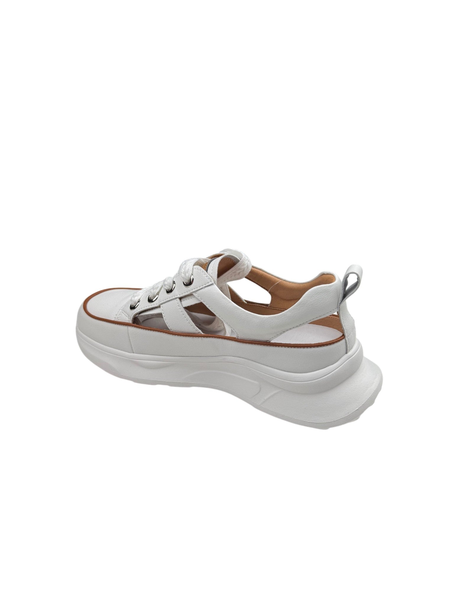Pantofi sport damă albi din piele naturală cu talpă groasă și decupaje laterale