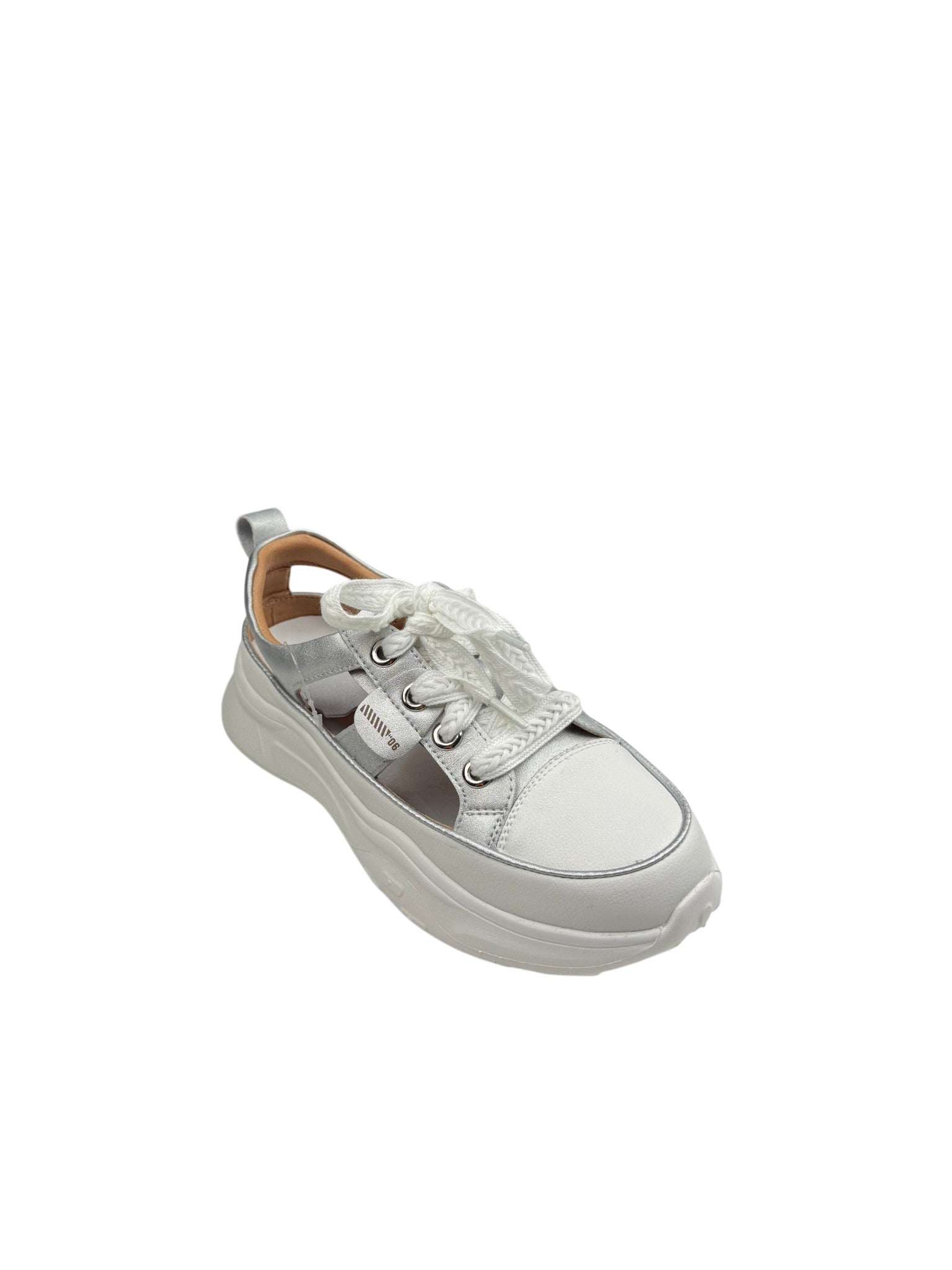 Pantofi sport damă argintii din piele naturală cu talpă groasă și decupaje laterale