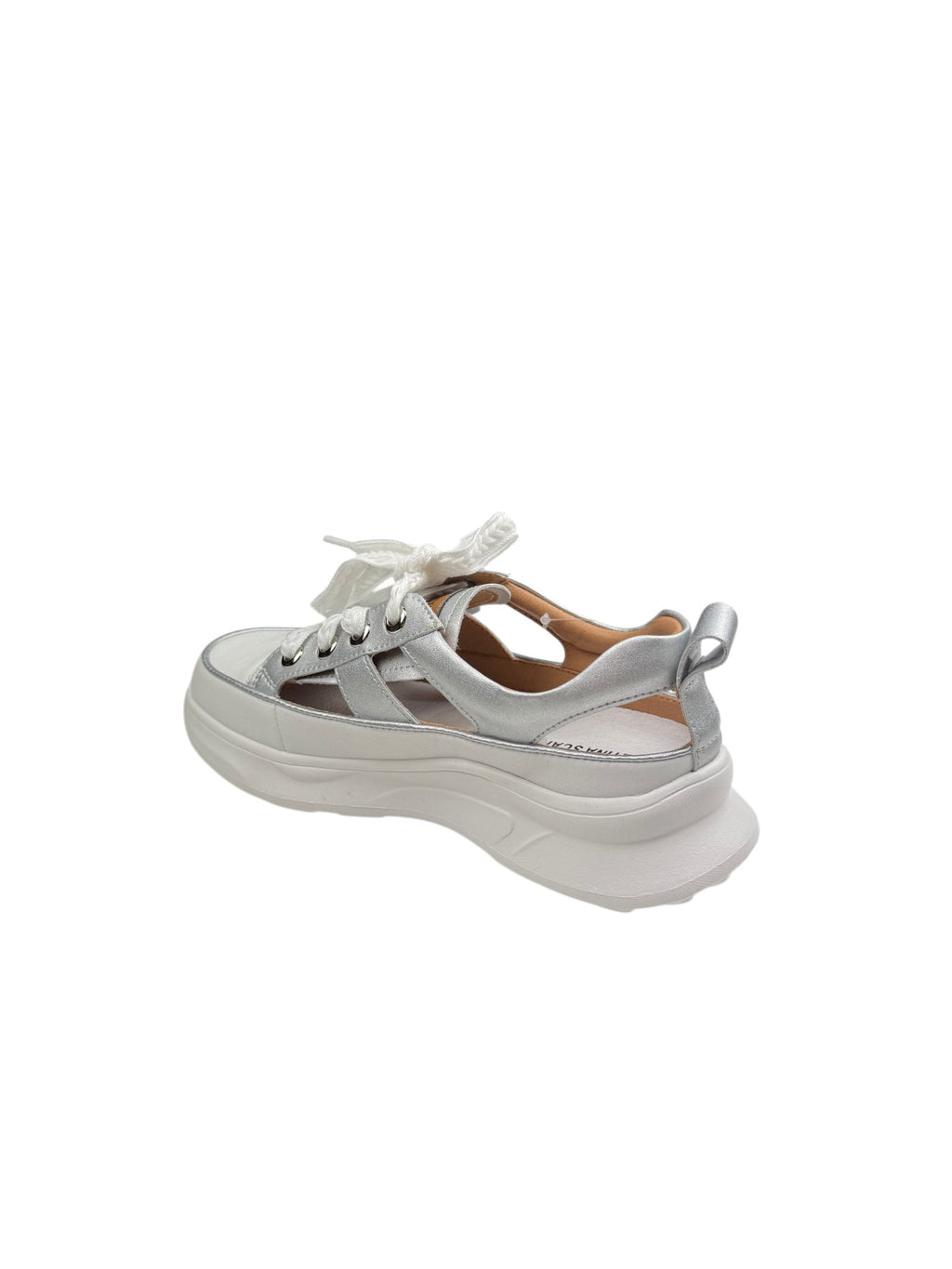 Pantofi sport damă argintii din piele naturală cu talpă groasă și decupaje laterale