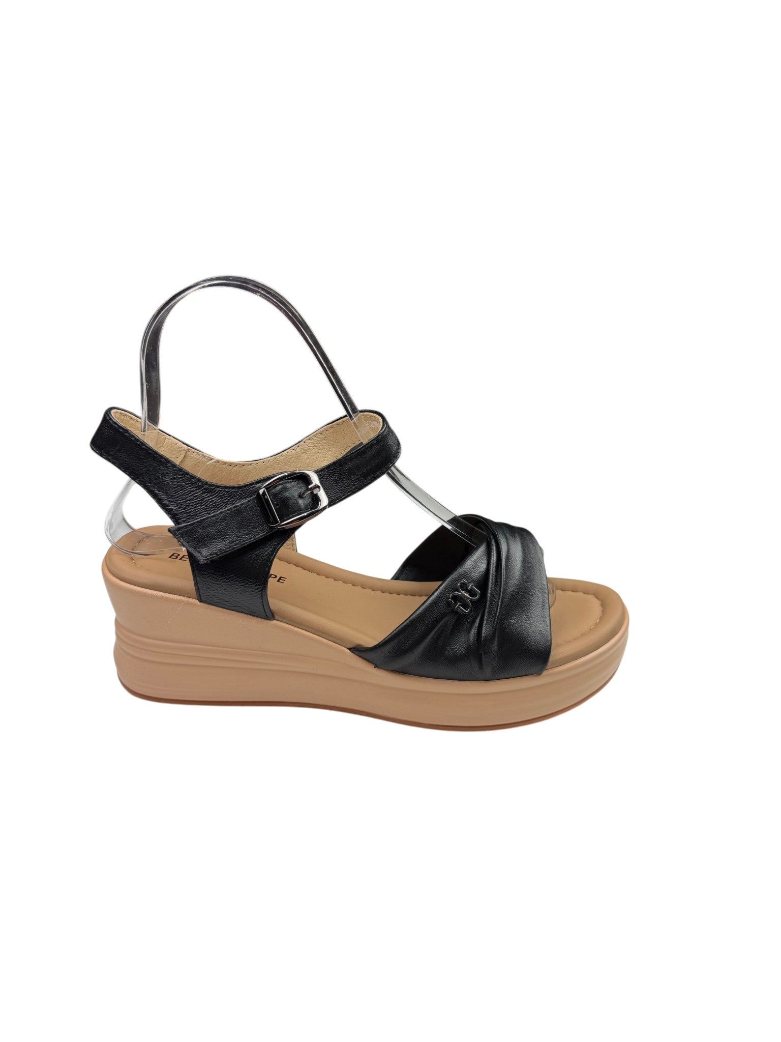 Sandale casual damă negre din piele naturală cu platformă și cataramă