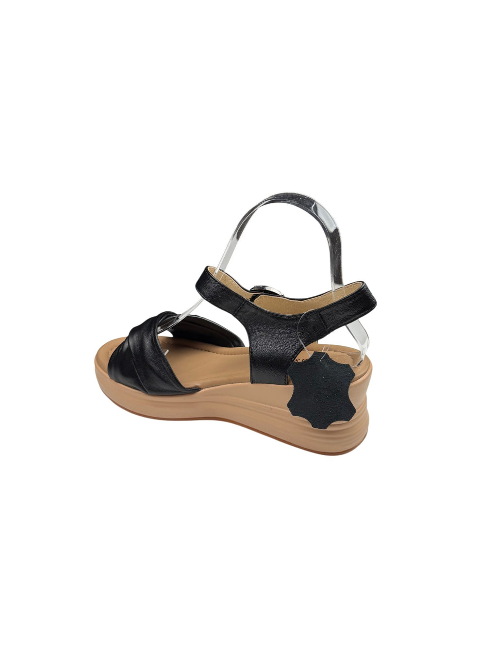 Sandale casual damă negre din piele naturală cu platformă și cataramă