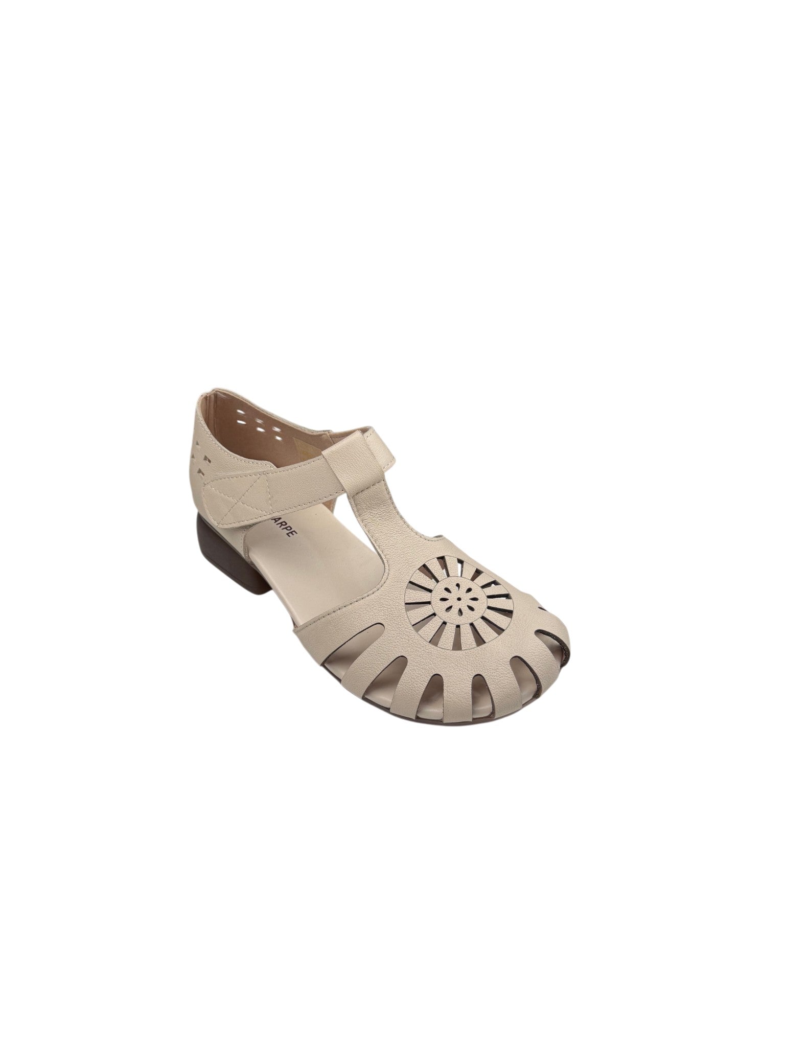 Sandale casual damă bej din piele naturală cu velcro și decupaje