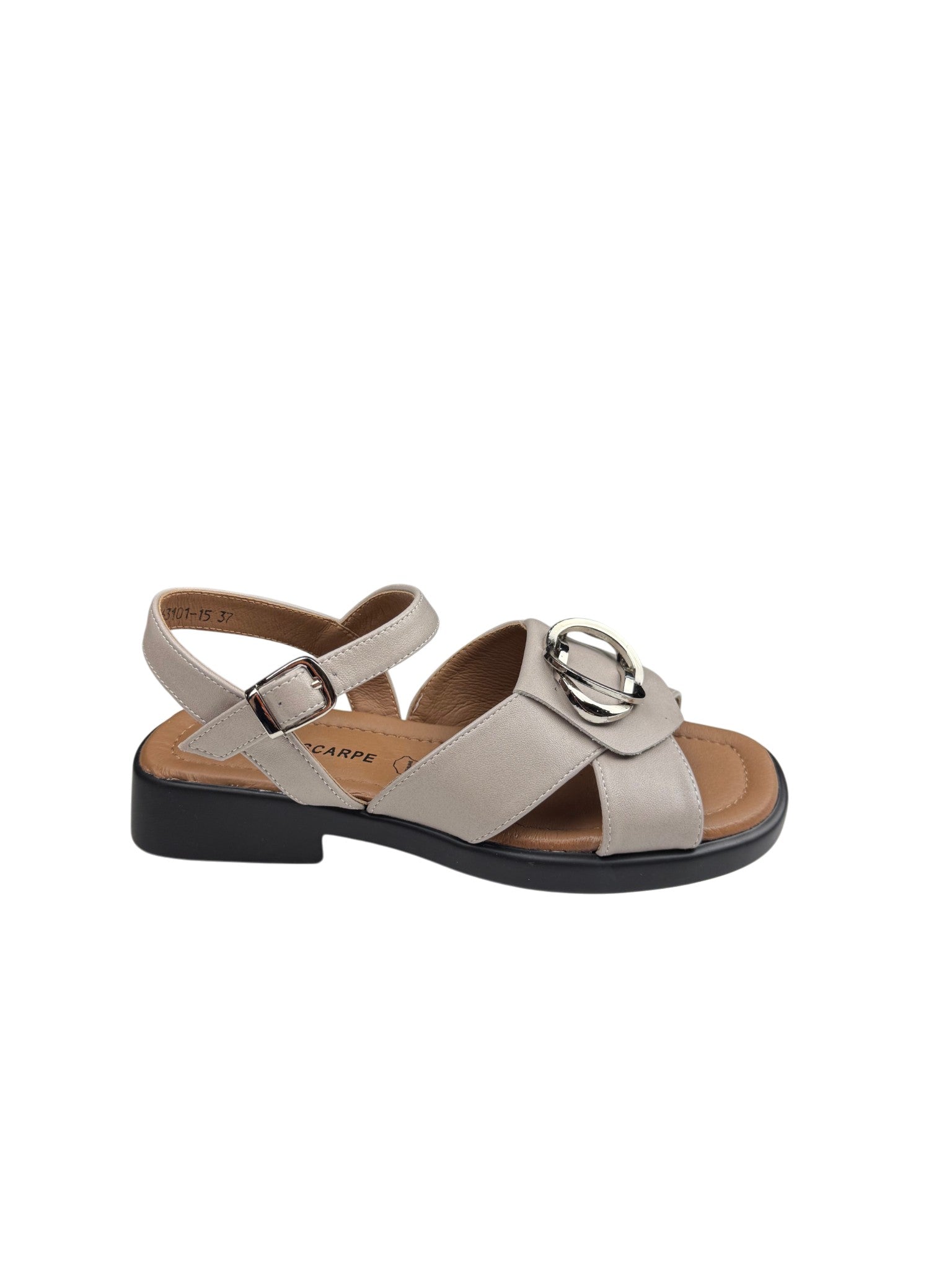 Sandale casual damă bej din piele naturală cu barete late și cataramă argintie