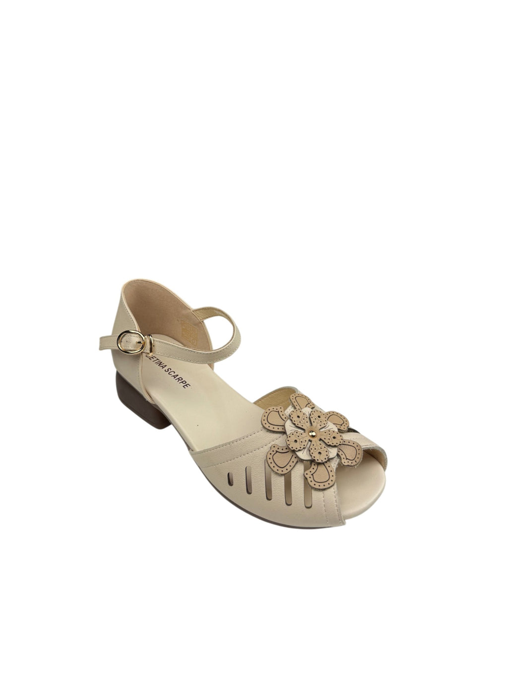 Sandale casual damă bej din piele naturală cu decupaje și aplicație florală