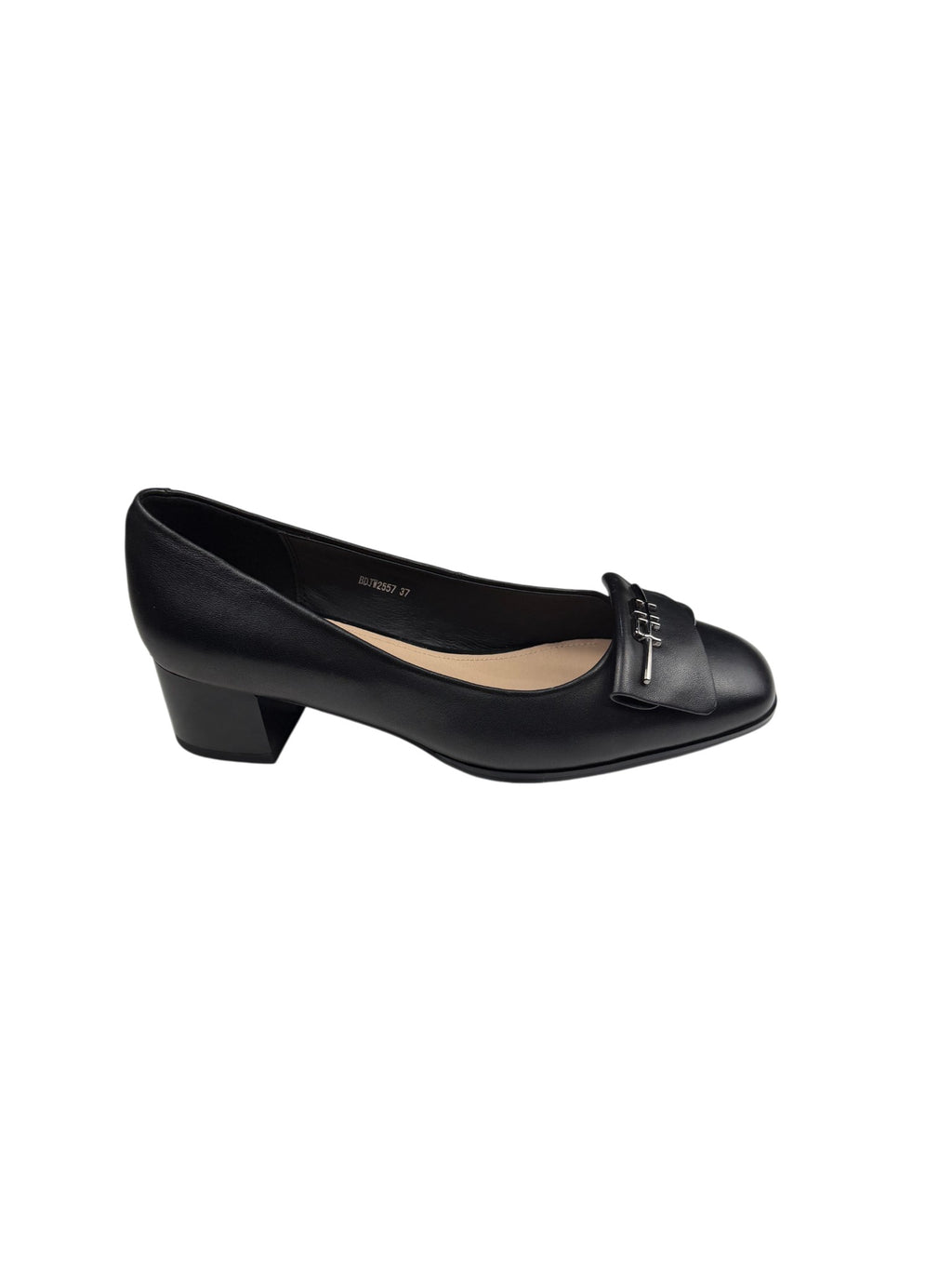 Pantofi damă negri din piele naturală cu toc gros și ornament argintiu