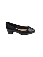 Pantofi damă negri din piele naturală cu toc gros și ornament argintiu