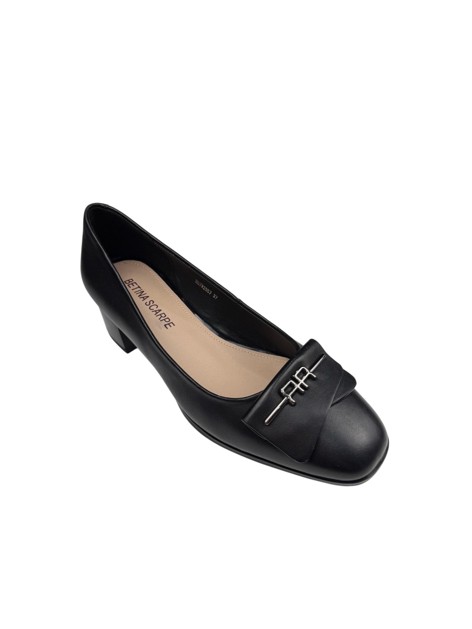 Pantofi damă negri din piele naturală cu toc gros și ornament argintiu