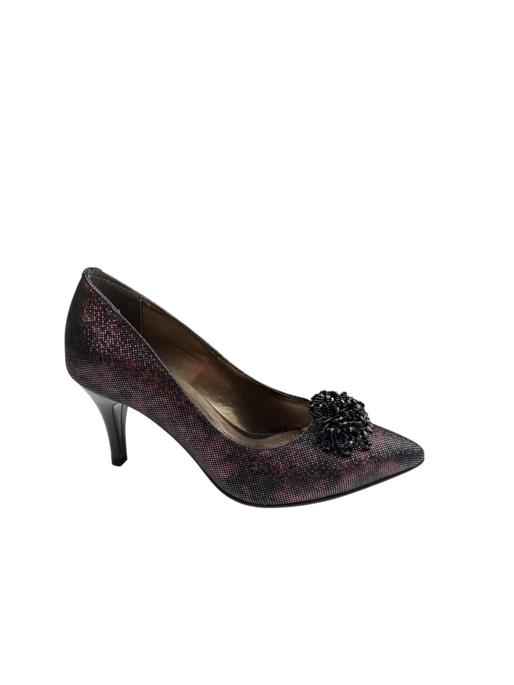 Pantofi eleganți damă maro din piele naturală cu toc subțire și efect texturat