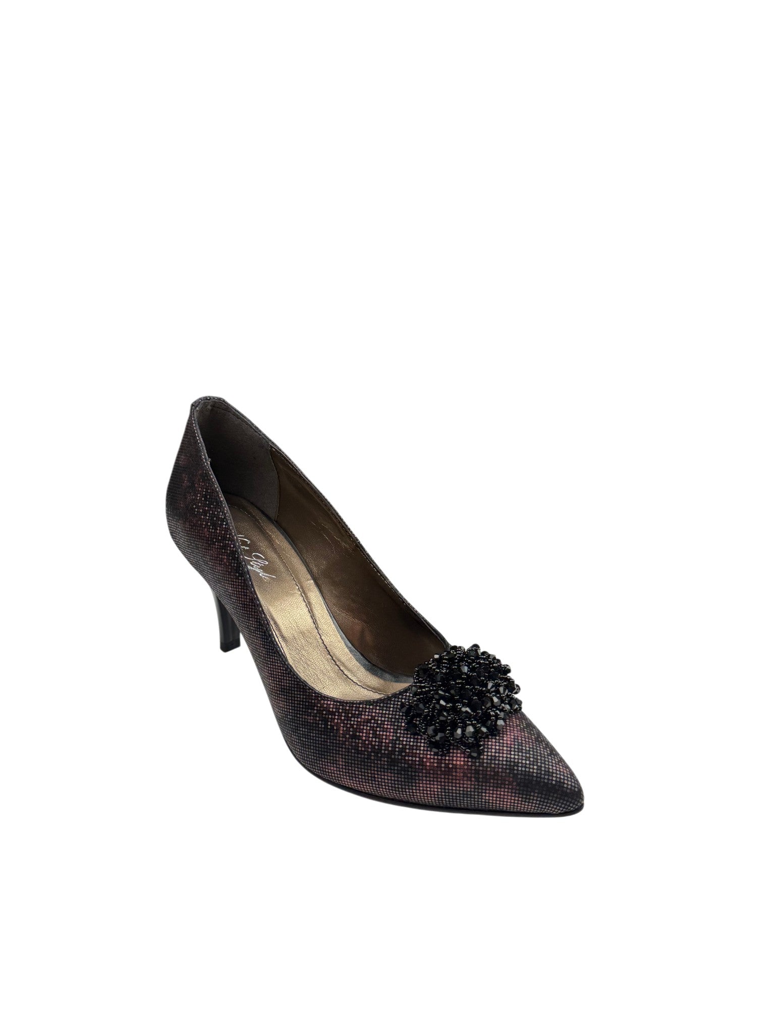 Pantofi eleganți damă maro din piele naturală cu toc subțire și efect texturat
