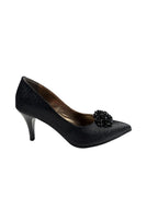 Pantofi eleganți damă negri din piele naturală cu toc subțire și efect texturat