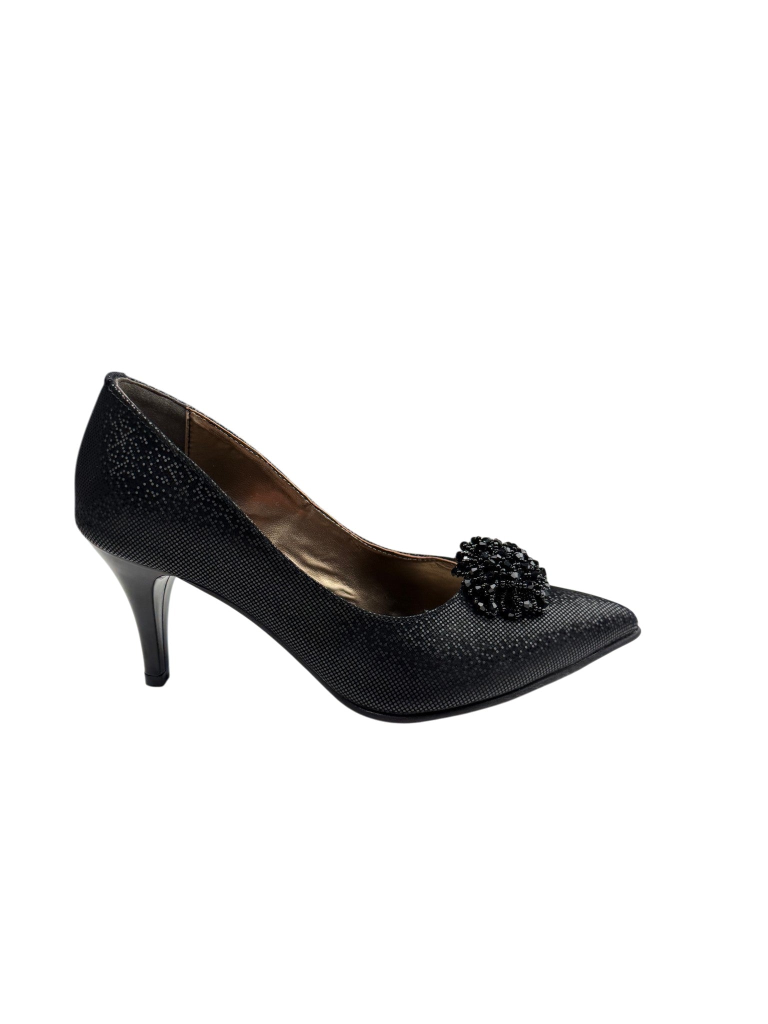 Pantofi eleganți damă negri din piele naturală cu toc subțire și efect texturat