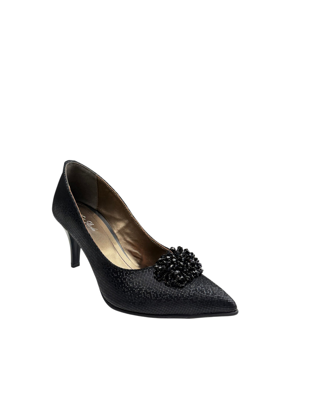 Pantofi eleganți damă negri din piele naturală cu toc subțire și efect texturat