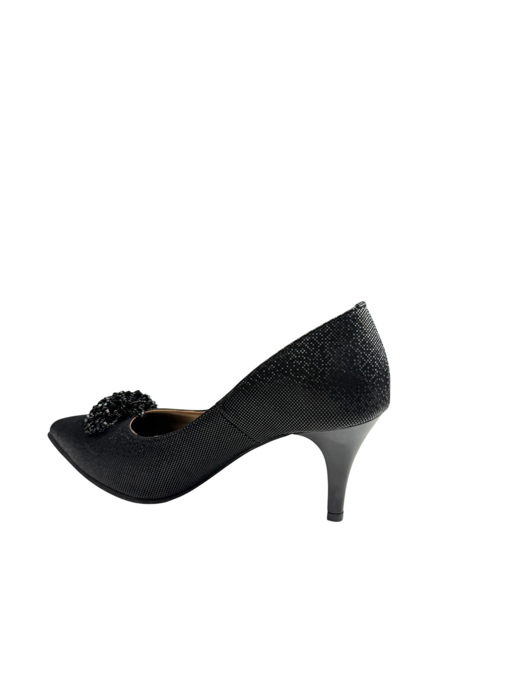 Pantofi eleganți damă negri din piele naturală cu toc subțire și efect texturat