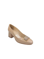 Pantofi eleganți damă bej din piele naturală cu toc gros și accesoriu auriu